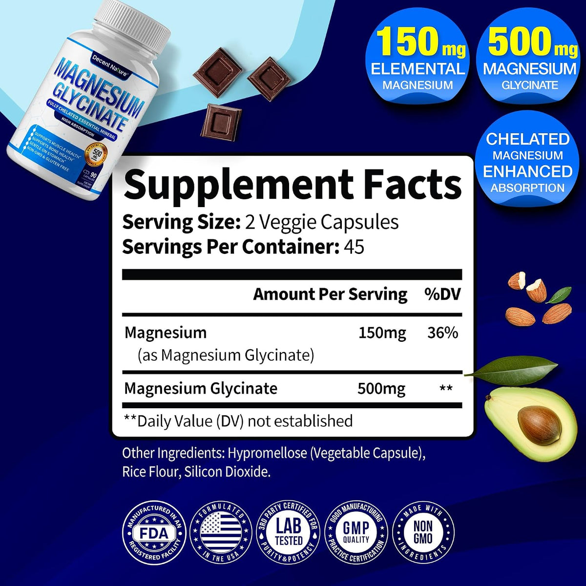 Magnesium Glycinate 500Mg Magnesium Supplement - Chelated for High Absorption & Bioavailability Support Sleep, Muscle, Bones, Cramps, Recovery & Energy, Vegan Non-Gmo 90 Capsules Pack of 1