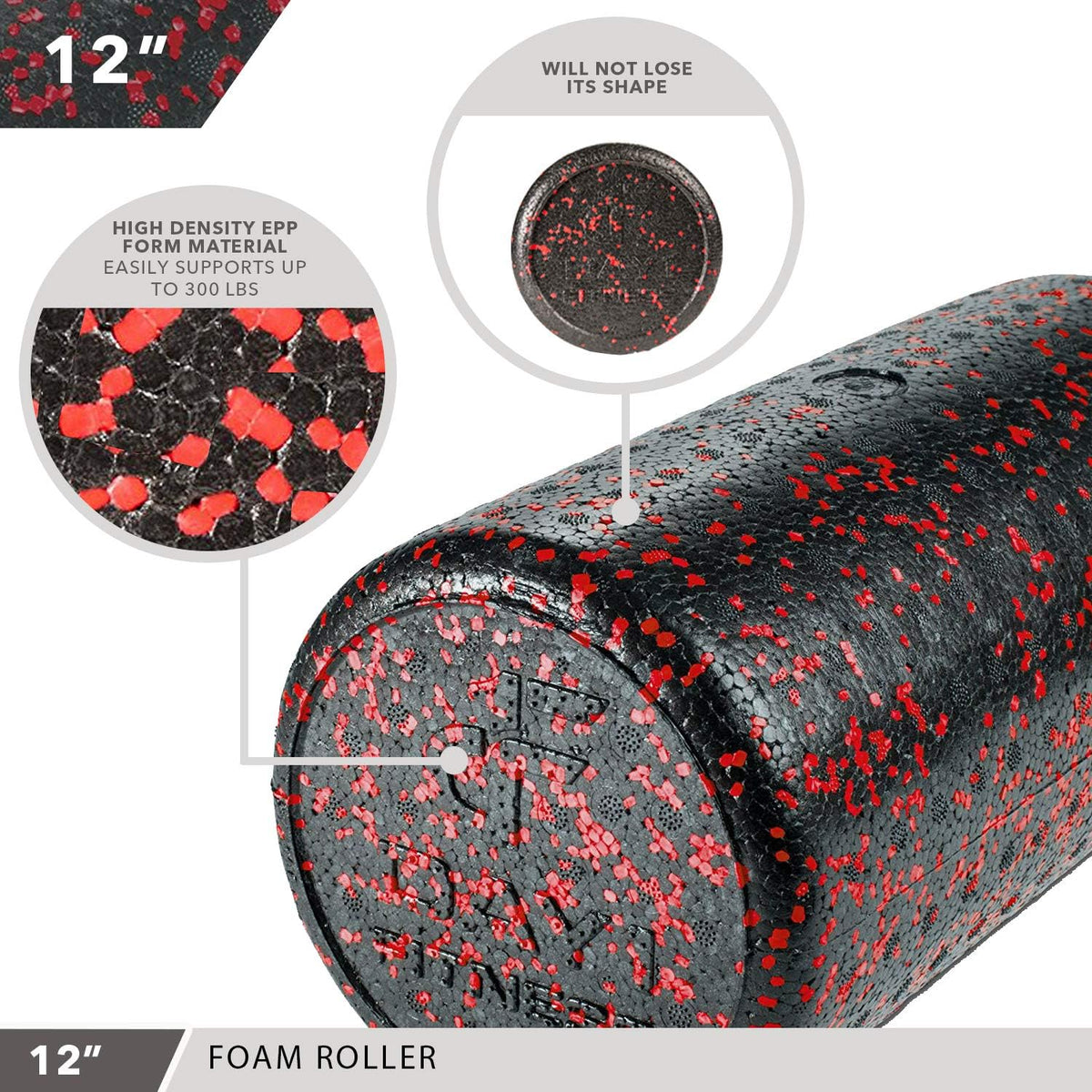 High Density Muscle Foam Rollers - Sports Massage Rollers for Stretching, Physical Therapy, Deep Tissue, Myofascial Release - Ideal for Exercise and Pain Relief - Speckled Red, 12”