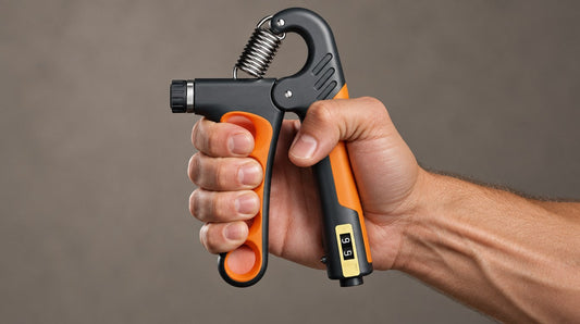 Close-up of a hand squeezing an adjustable grip strength trainer