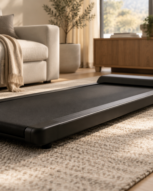 Close-up of a walking pad sitting on a thick rug in a quiet living room