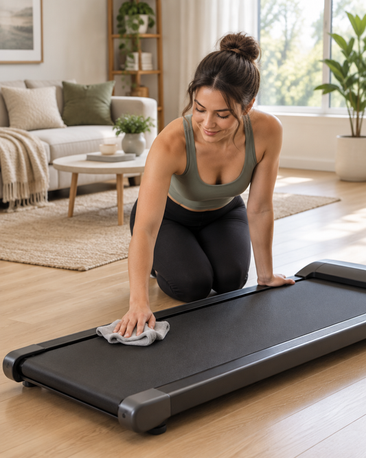 Wiping down and maintaining a walking pad treadmill at home