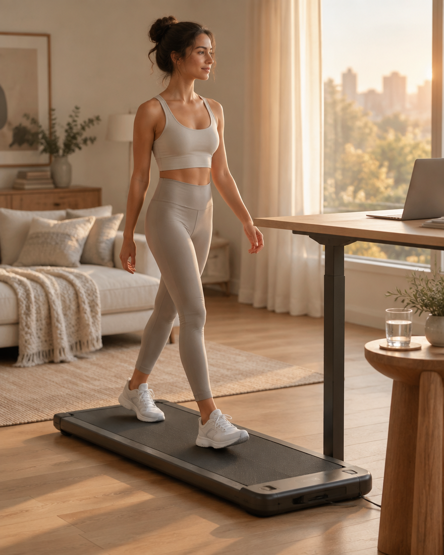A woman walking on a Walking Pad in soft morning light with a glass of water nearby
