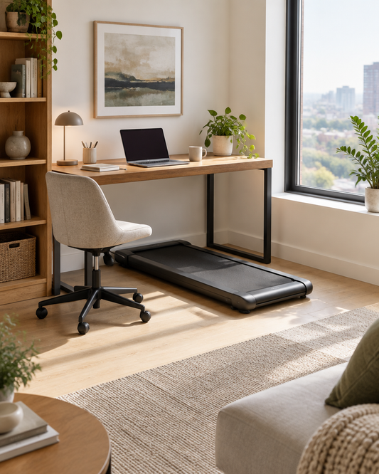 A walking pad neatly placed under a desk near a window in a bright home office corner