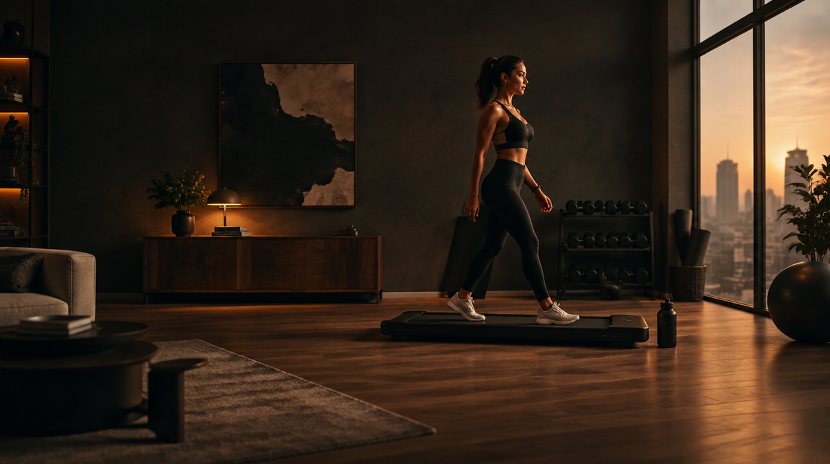 A woman using the Walking Pad in a warm-lit home gym
