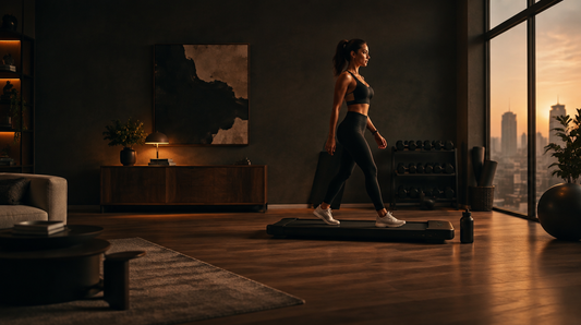 A woman using the Walking Pad in a warm-lit home gym