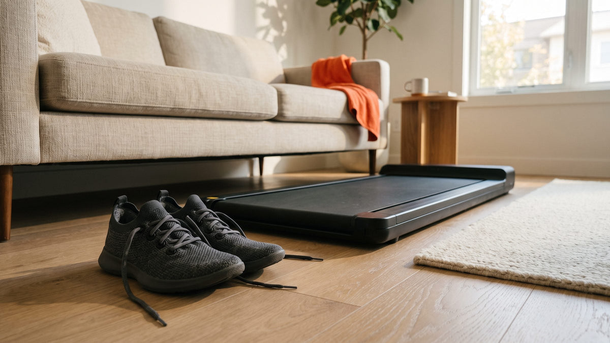 Pair of trainers on a wooden floor beside a slim walking pad in a bright living room