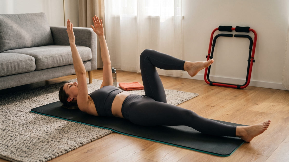 Person holding a dead bug core exercise on a mat in a living room