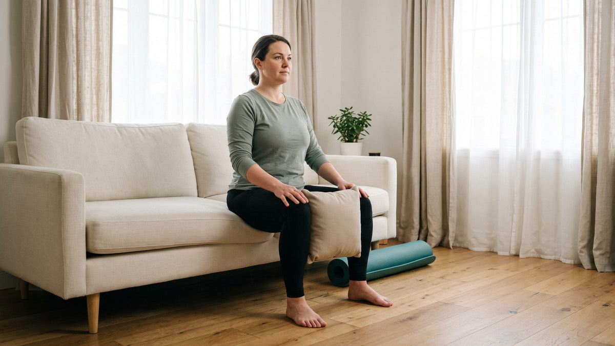 Woman on a sofa squeezing a cushion between her knees for an inner-thigh exercise