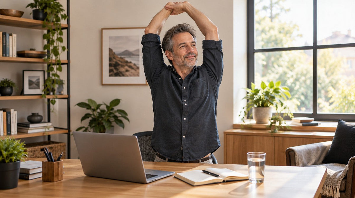 Person stretching beside a desk by a window in a home office