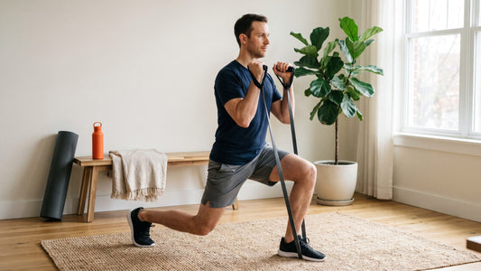 Person doing a split squat with a resistance band in a bright living room