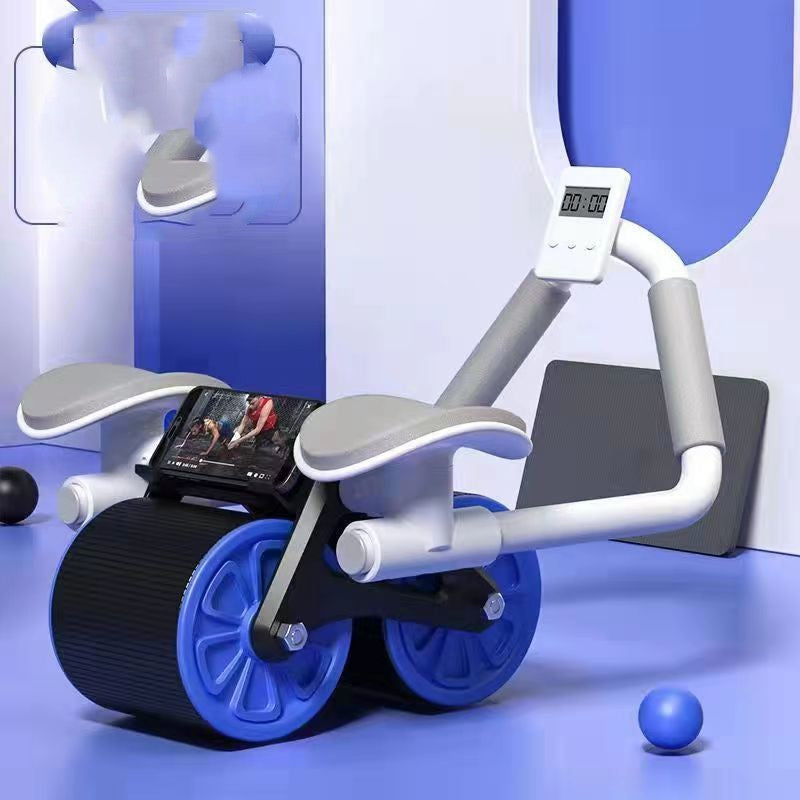 The Abdominal Wheel in Blue with elbow pads, timer and phone holder