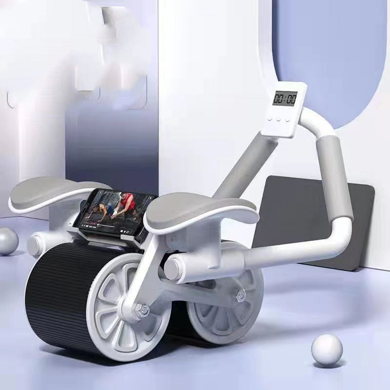 The Abdominal Wheel in Gray with elbow pads, timer and phone holder