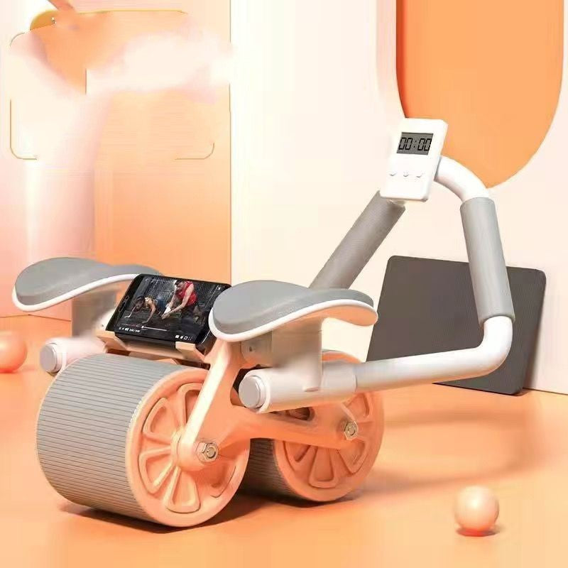 The Abdominal Wheel in Orange with elbow pads, timer and phone holder