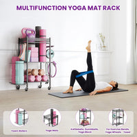 Home Gym Storage Rack, 3-Tier Yoga Mat Storage with Wheels & Hooks