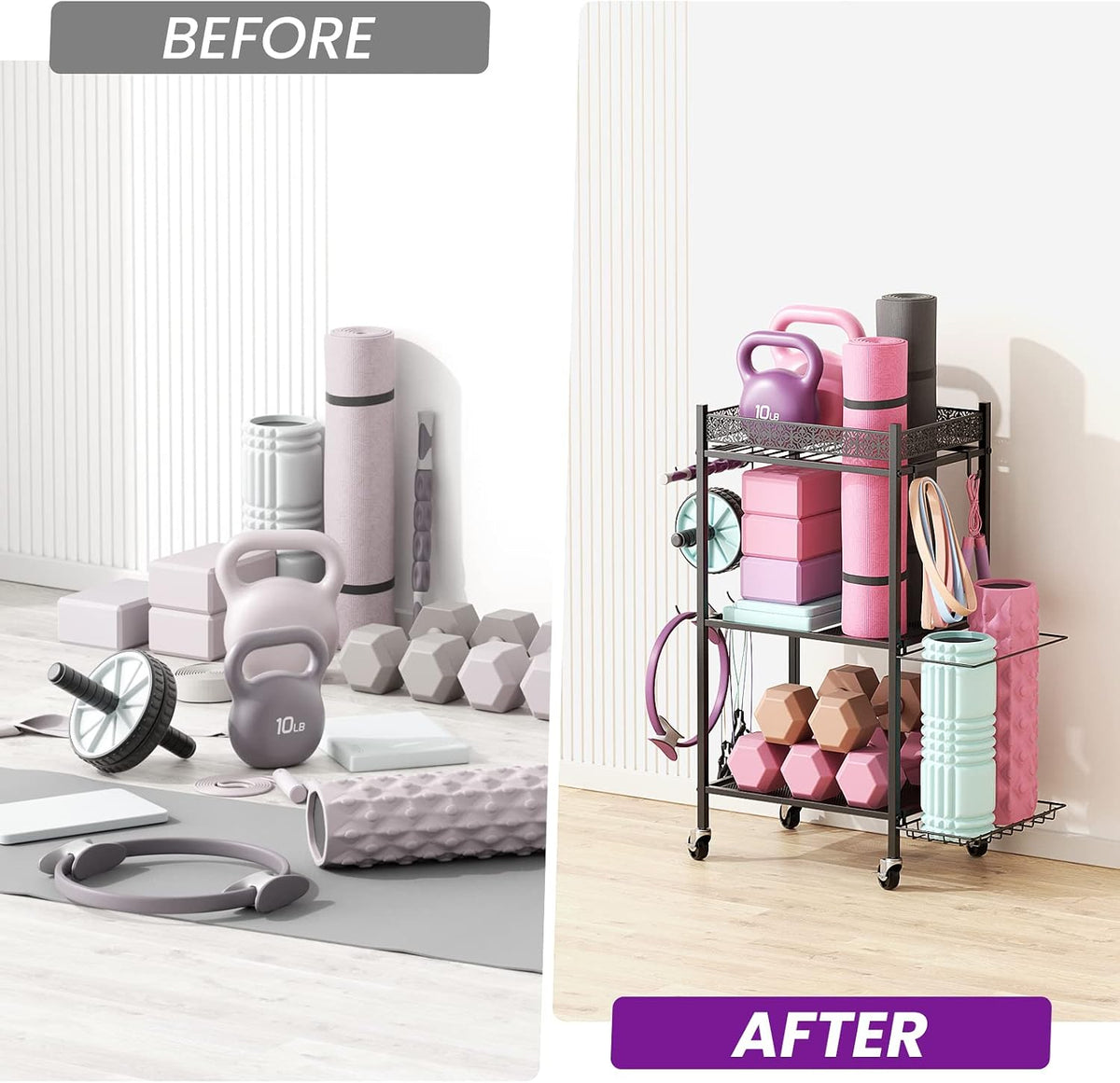 Home Gym Storage Rack, 3-Tier Yoga Mat Storage with Wheels & Hooks