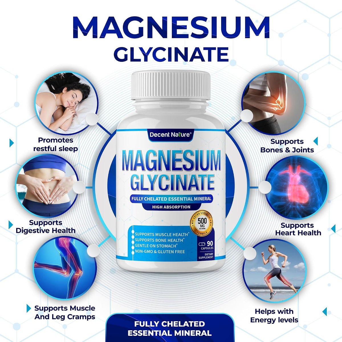 Magnesium Glycinate 500Mg Magnesium Supplement - Chelated for High Absorption & Bioavailability Support Sleep, Muscle, Bones, Cramps, Recovery & Energy, Vegan Non-Gmo 90 Capsules Pack of 1