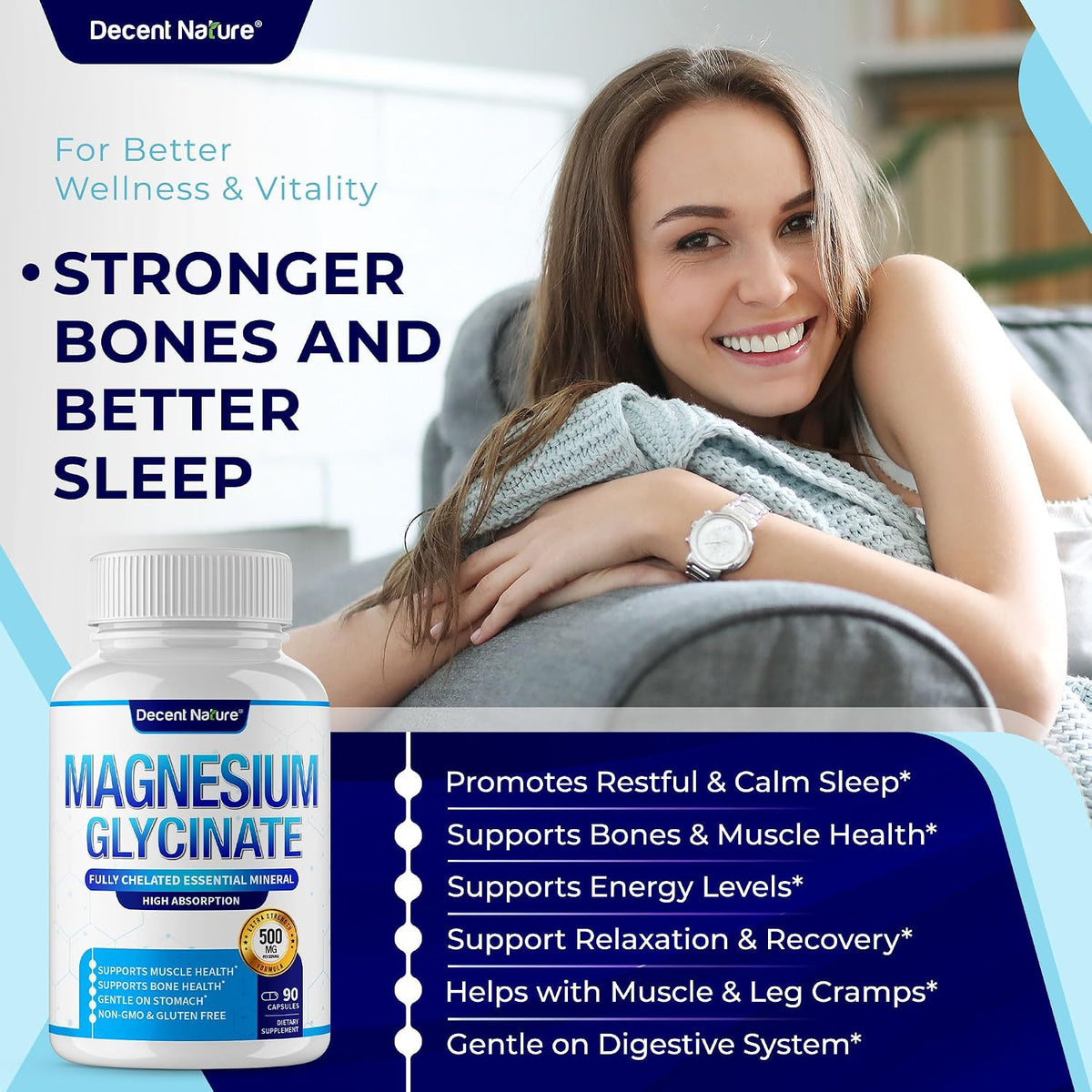Magnesium Glycinate 500Mg Magnesium Supplement - Chelated for High Absorption & Bioavailability Support Sleep, Muscle, Bones, Cramps, Recovery & Energy, Vegan Non-Gmo 90 Capsules Pack of 1