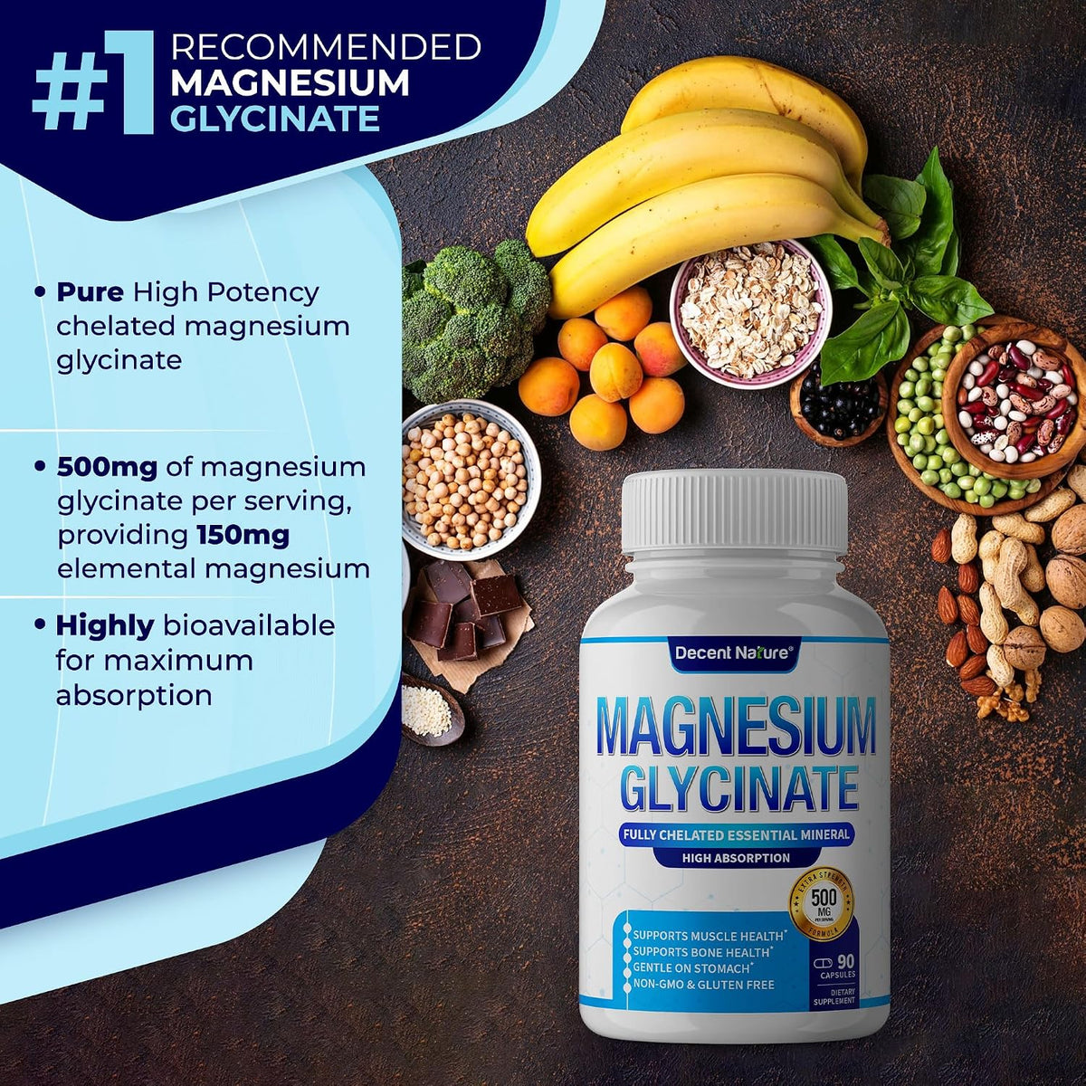 Magnesium Glycinate 500Mg Magnesium Supplement - Chelated for High Absorption & Bioavailability Support Sleep, Muscle, Bones, Cramps, Recovery & Energy, Vegan Non-Gmo 90 Capsules Pack of 1
