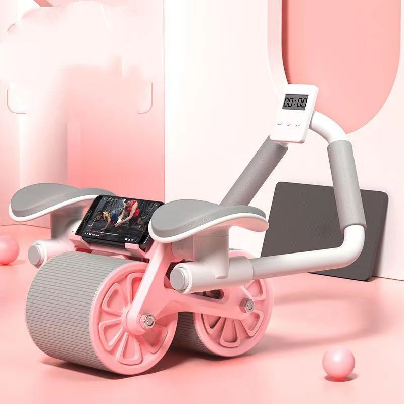 The Abdominal Wheel in Pink with elbow pads, timer and phone holder