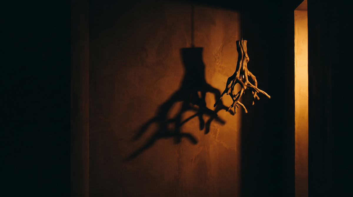 Dramatic warm shadow of a sculptural pendant thrown across a dark plaster wall