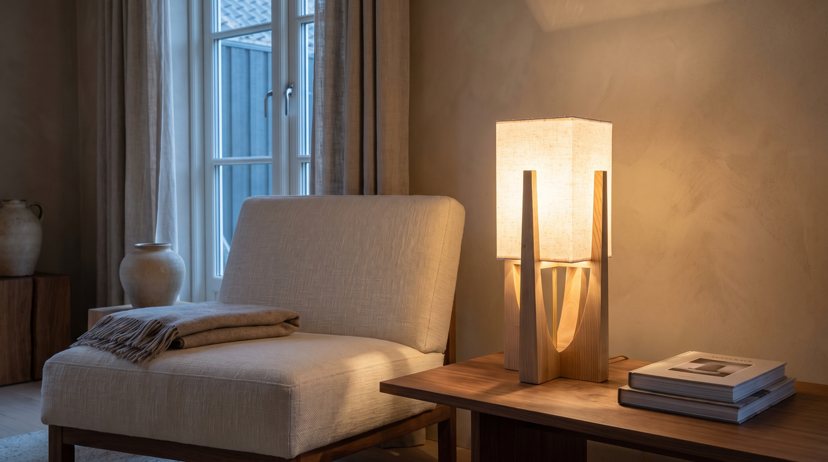 Kanso table lamp with a linen shade on a crossed light-oak base, on a side table beside a reading chair
