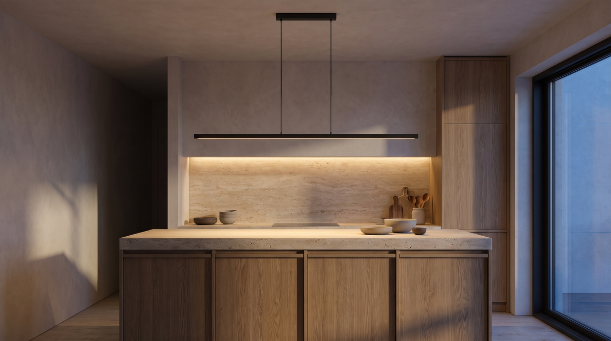 Linea linear LED pendant suspended above a limestone kitchen island in a warm oak kitchen at dusk