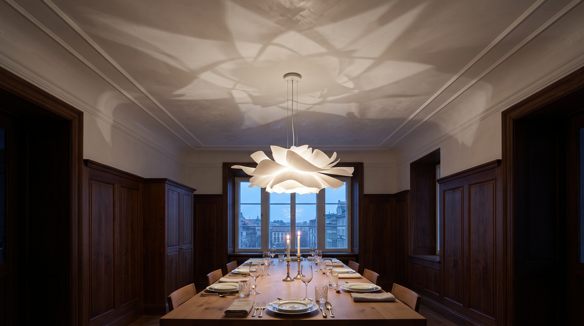 Petal sculptural pendant of layered white petals glowing above a long dining table