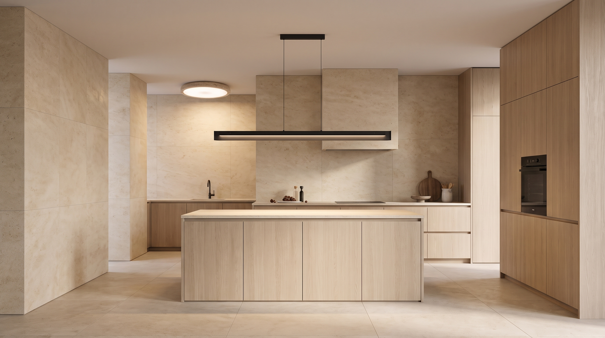 Minimal kitchen with the Linea linear pendant over the island and the Travertine flush ceiling light beyond