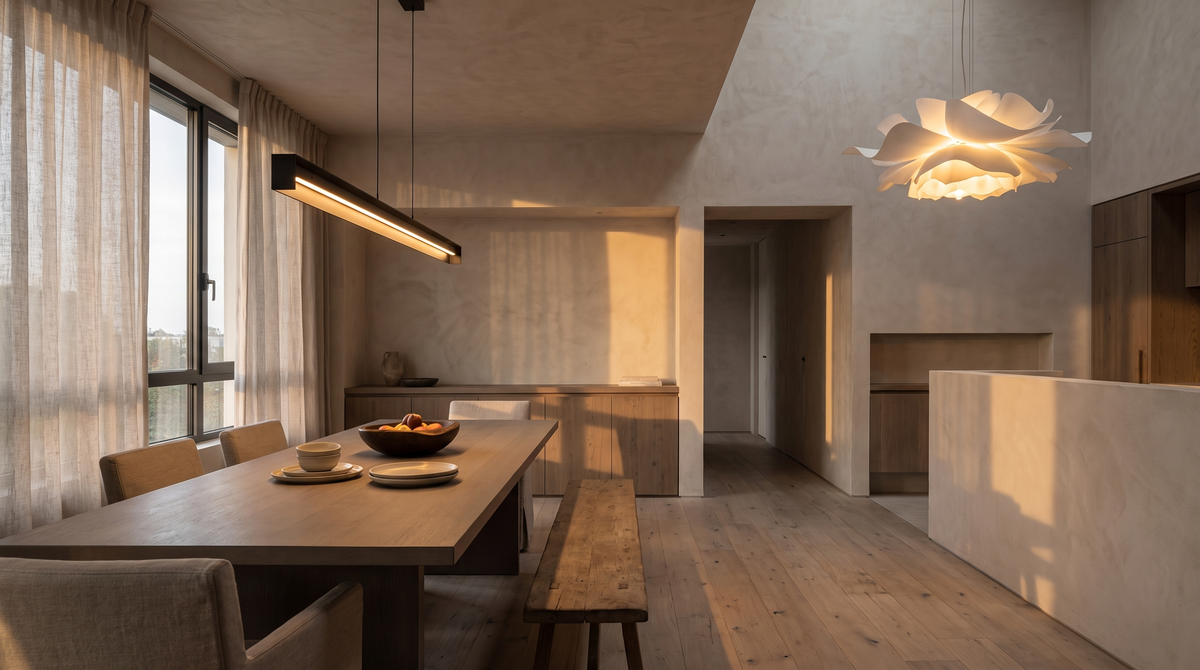 Modern dining room with the Linea linear pendant over the table and the Petal pendant beyond, warm evening light