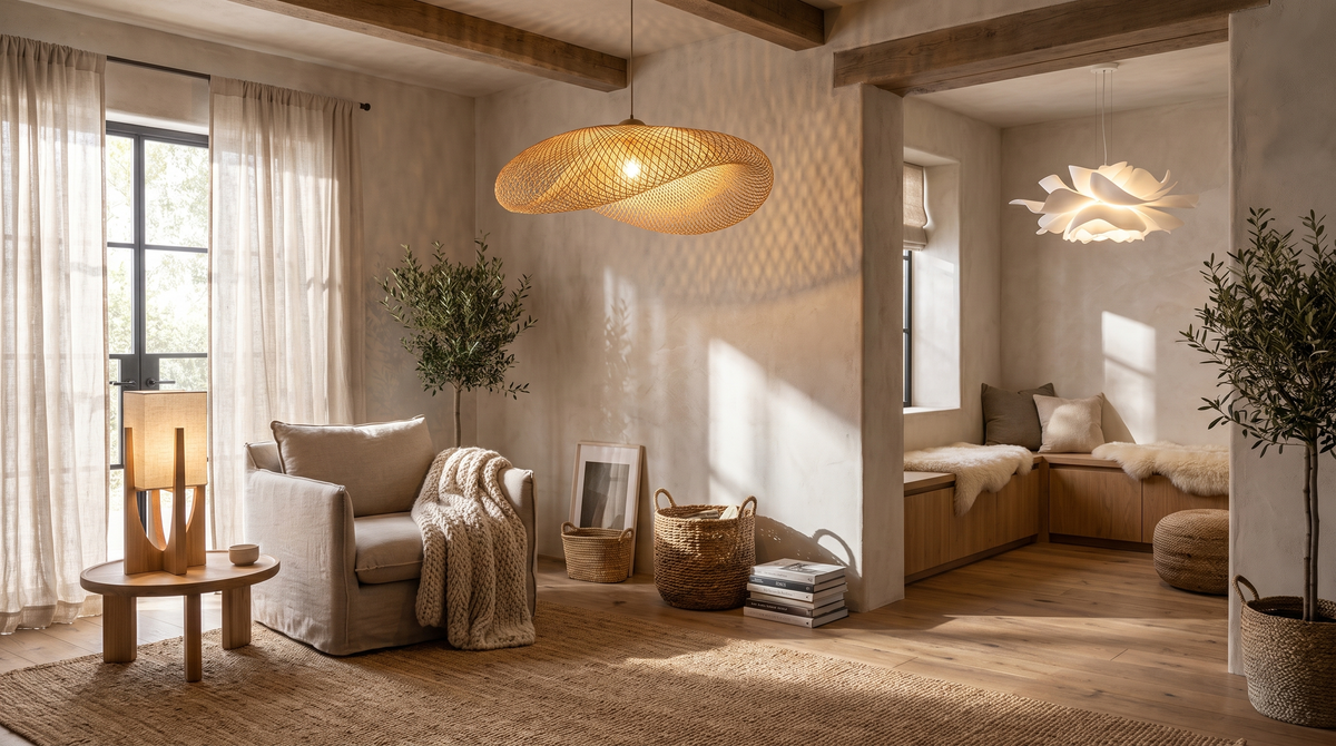 Organic retreat room with the Kanso lamp, Bamboo weaving chandelier and Petal pendant together