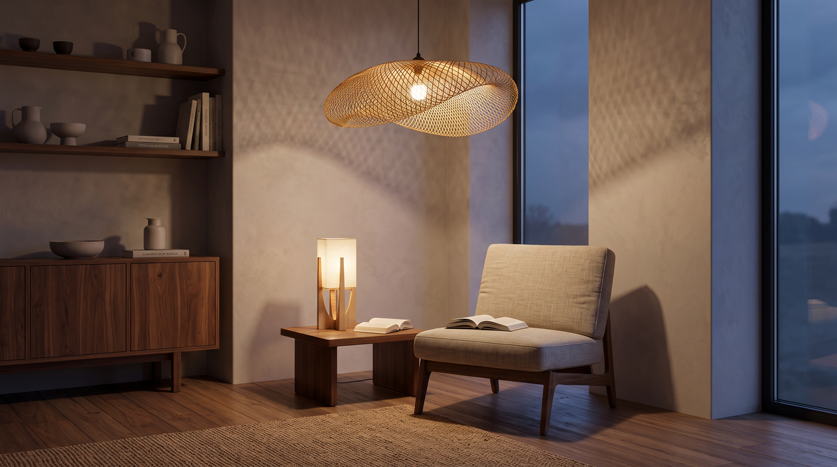 Warm living room with the Kanso table lamp beside a chair and the Bamboo weaving chandelier overhead