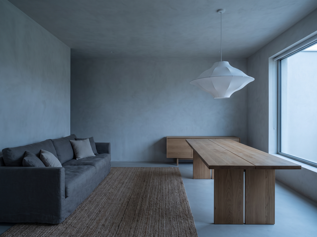 A calm living-dining room at dusk with the pendant light off, cool and unfinished