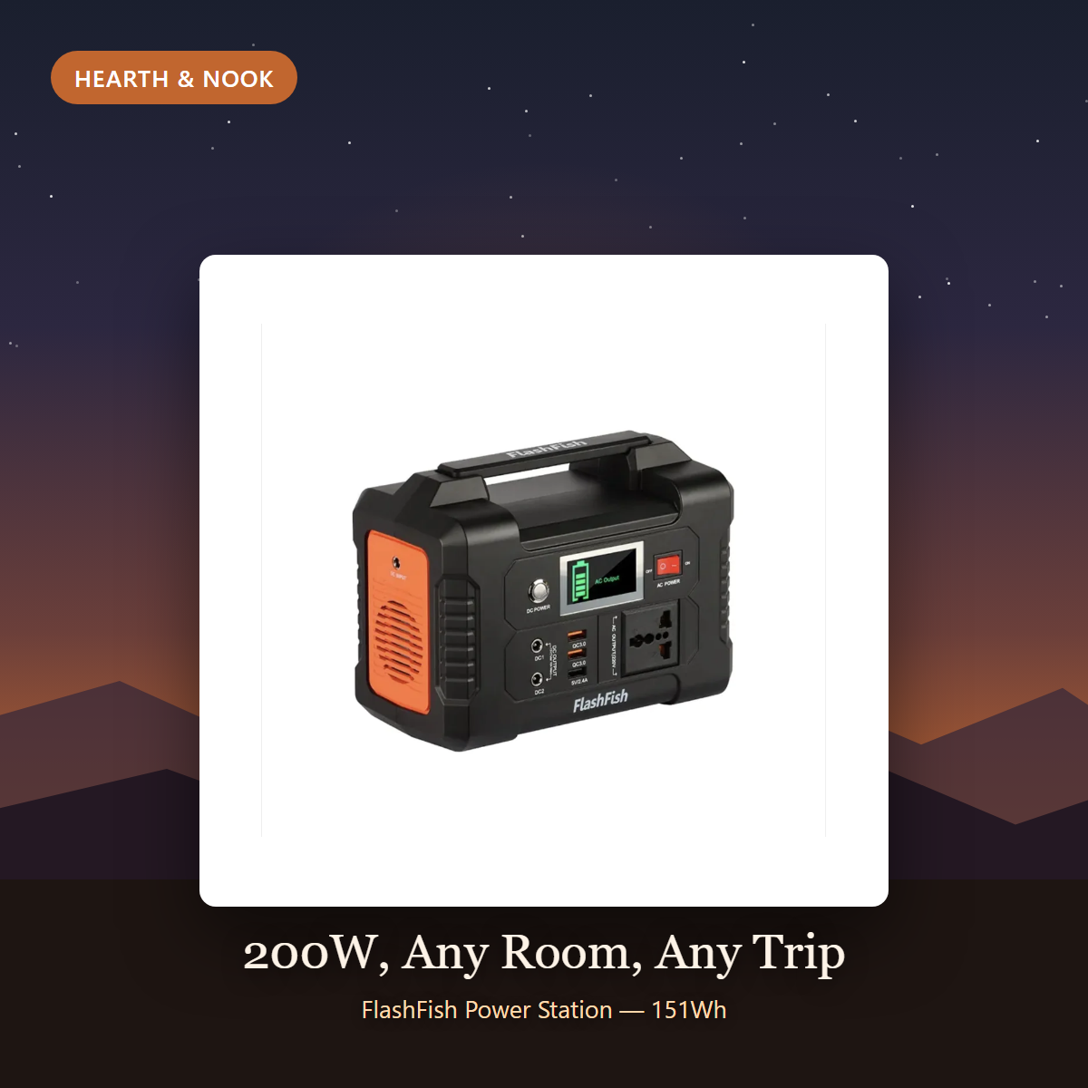 FlashFish 200W Power Station under the stars by Hearth & Nook